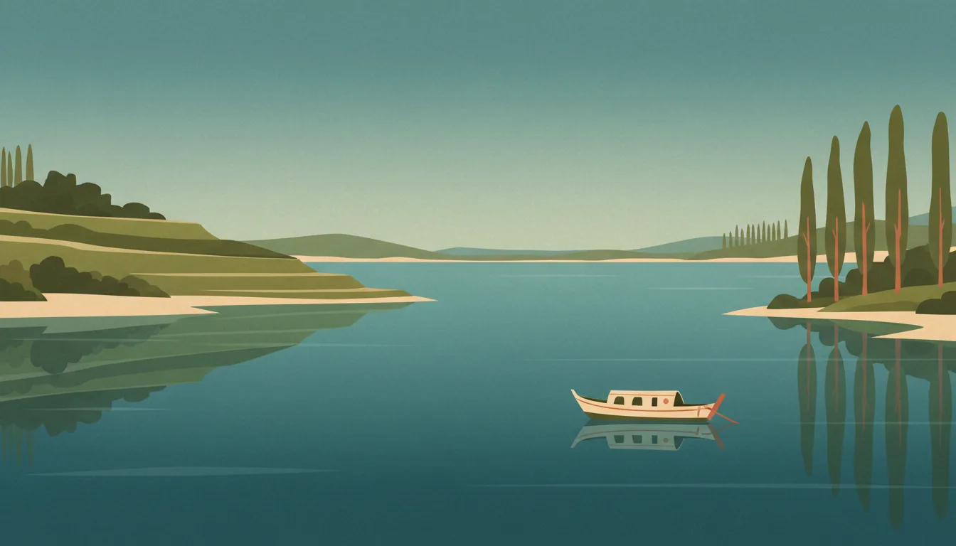 Editorial illustration of green terraced hills stepping down to Lake Kivu with a wooden boat.