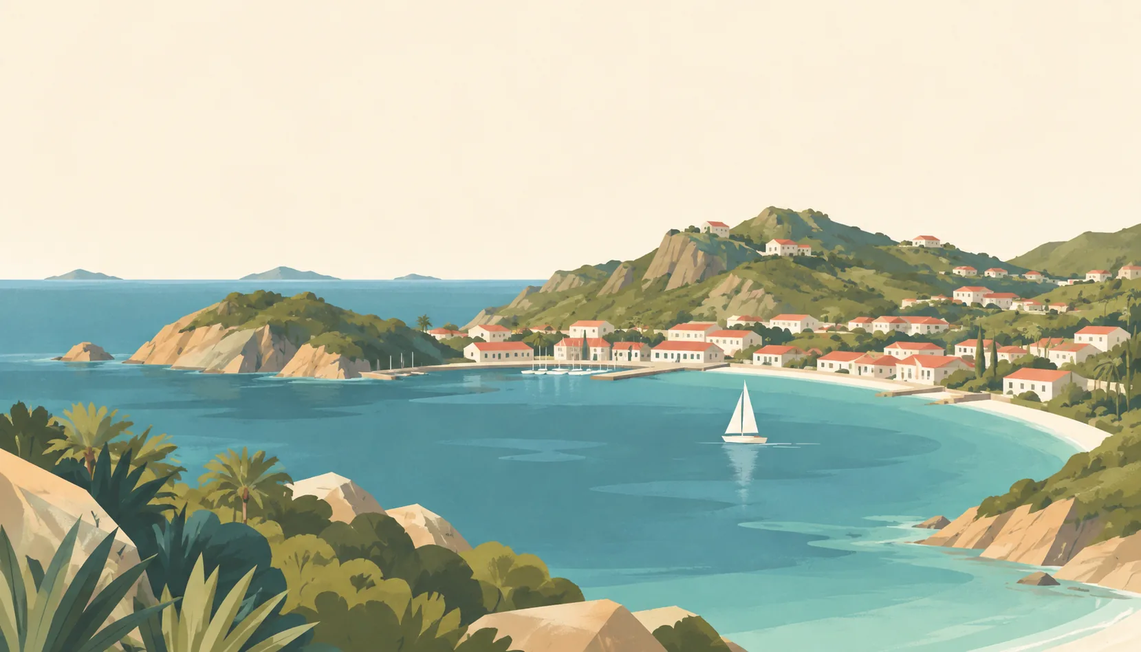 Editorial illustration of Saint Barthélemy: Gustavia's intimate horseshoe harbour with a few red-roofed pale houses on gentle dry-green slopes, one small sailboat and soft warm light.