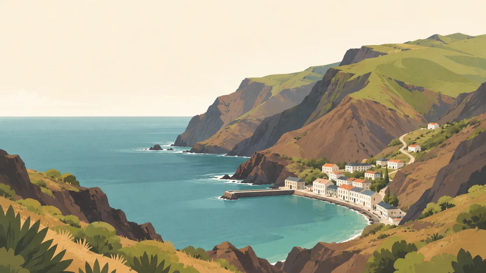 Editorial illustration of Saint Helena: Jamestown's few pale Georgian buildings in a steep warm volcanic valley opening toward a quiet slate-teal ocean, dry-green ridge and soft light.
