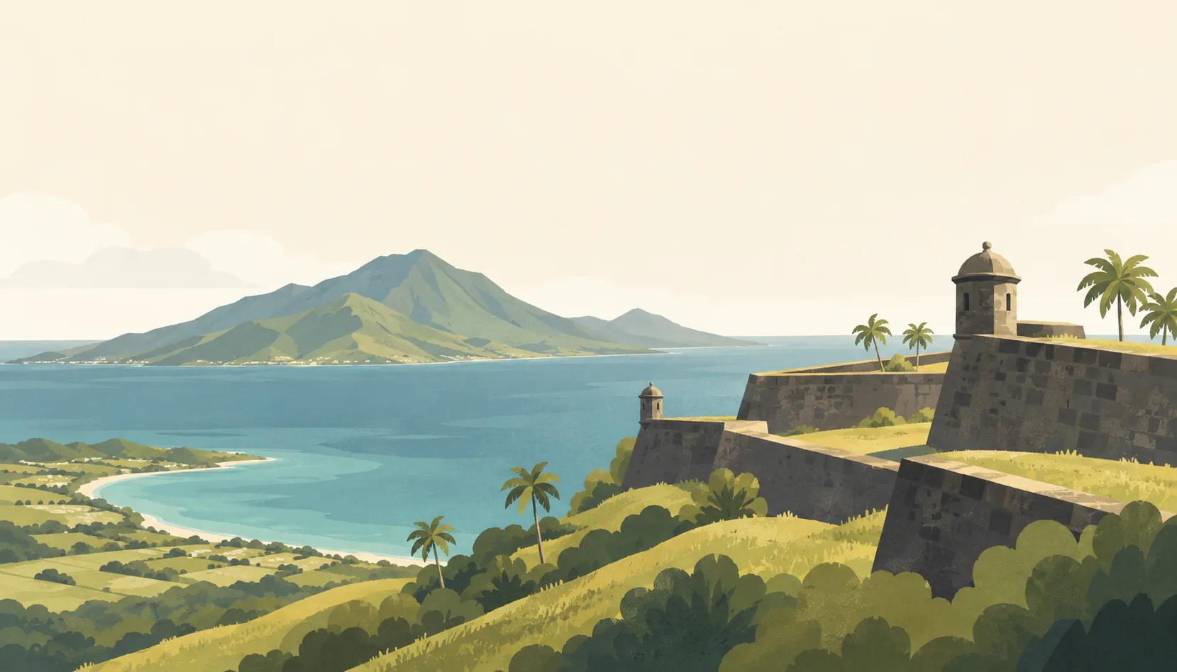 Editorial illustration of Saint Kitts' Brimstone Hill stone fortress looking across a gentle green coastal slope, Nevis' volcanic cone far across the channel. One dominant rampart, sparse palms.