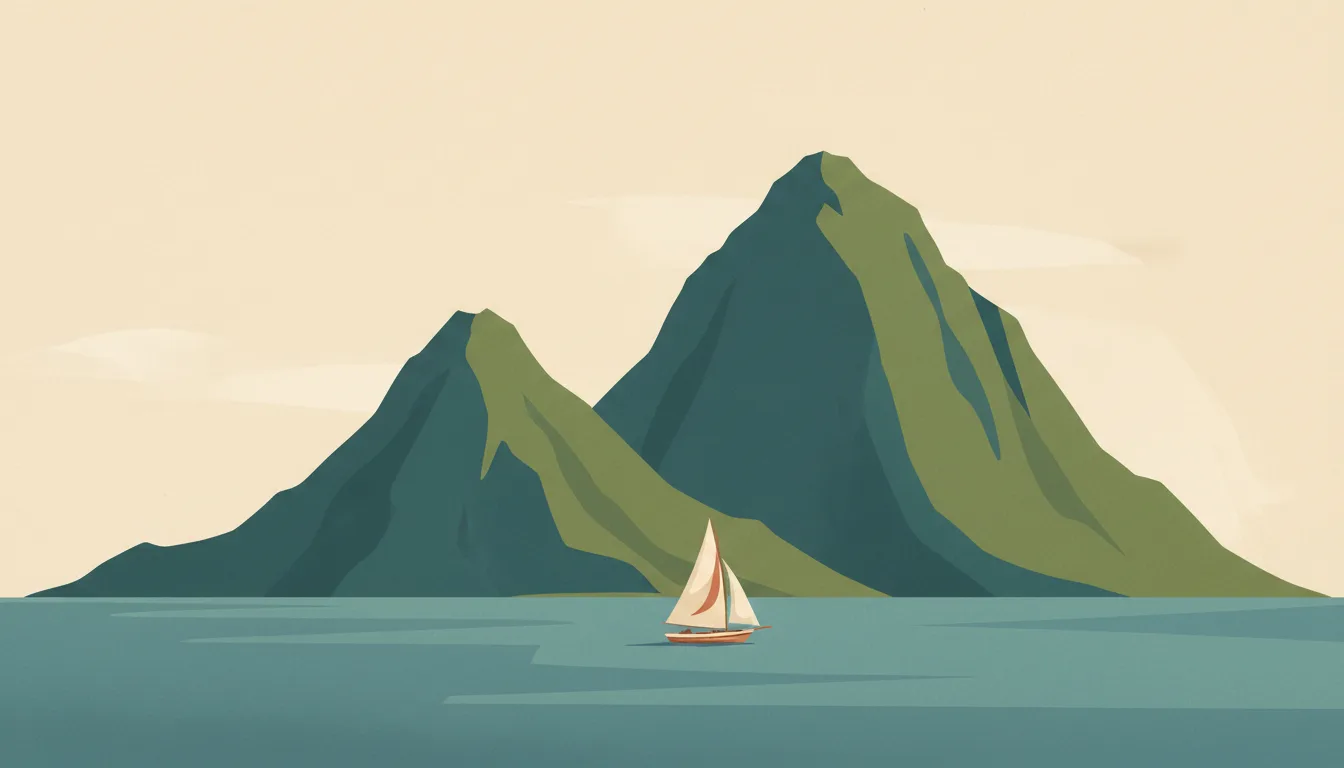 Editorial illustration of the Pitons: the twin green volcanic peaks rising from the sea above Soufriere bay, one sailing boat.