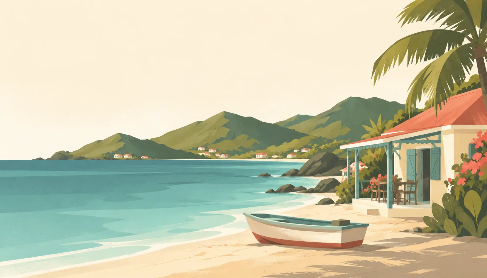 Editorial illustration of French Saint-Martin: one simple Creole house and shaded veranda in Grand Case, warm sand, a small fishing canoe and a quiet blue-green bay beneath low hills.