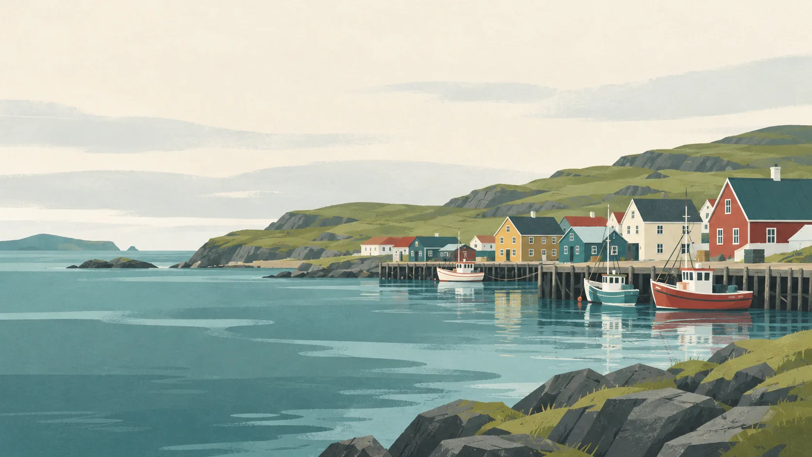 Editorial illustration of Saint Pierre and Miquelon: a few colourful timber houses beside Saint-Pierre's small North Atlantic harbour, low rounded grassy hills, muted slate-teal sea and soft overcast sky.