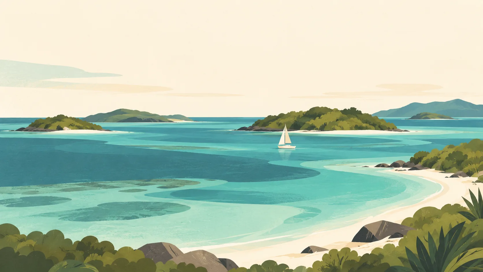 Editorial illustration of The Tobago Cays in Saint Vincent and the Grenadines: a few low green islets inside a broad reef lagoon, one small cream sailboat, muted teal water with pale sand shallows. Quiet view from a shore.