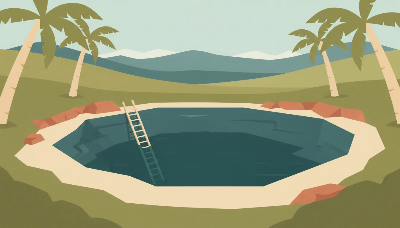 Editorial illustration of upolu: the To Sua trench, a green sinkhole pool with a wooden ladder and coconut palms above.