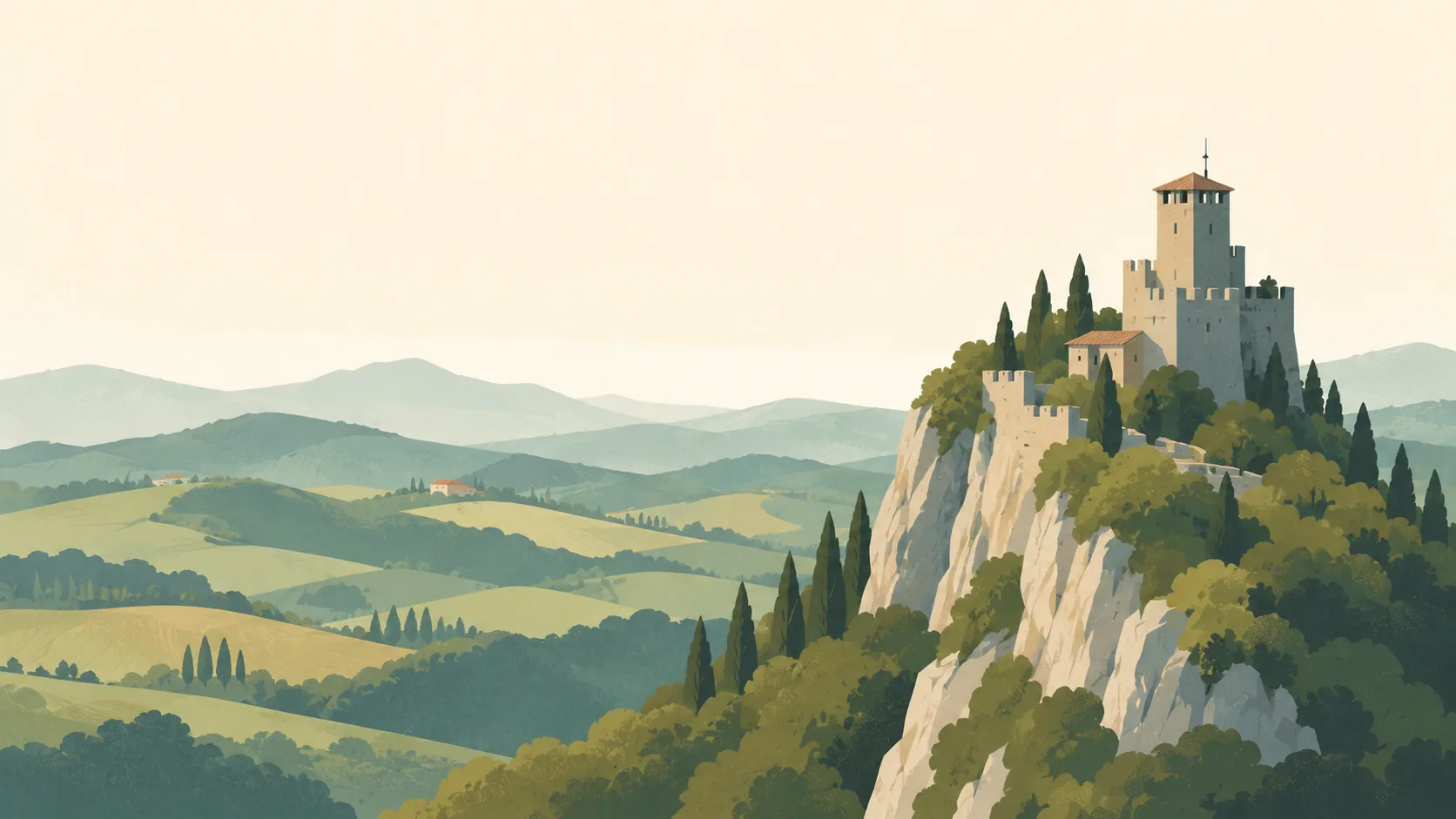 Editorial illustration of San Marino's single Guaita stone tower on the limestone ridge of Mount Titano, layered olive-green inland hills disappearing into a pale sky.