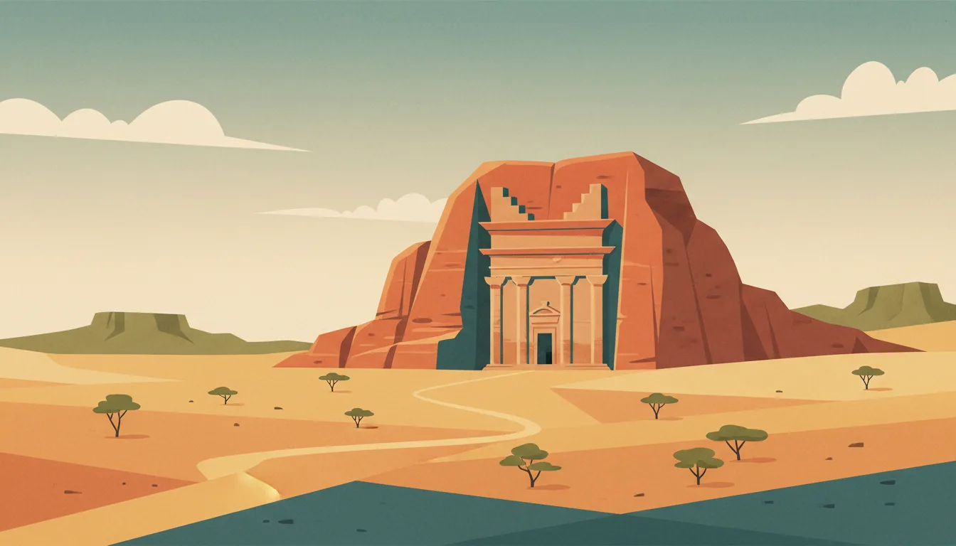 Editorial illustration of alUla: the sandstone tomb facade of Hegra carved into a lone rock outcrop in an ochre desert.