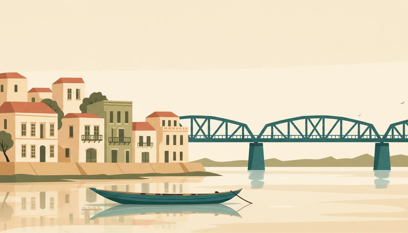 Editorial illustration of saint-Louis: pastel colonial houses on the river island with a pirogue and the iron bridge.