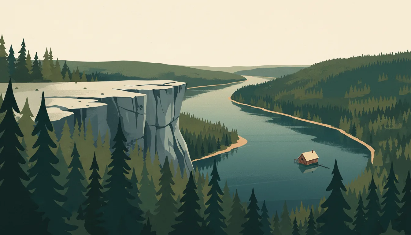 Editorial illustration of tara: a limestone viewpoint over the deep green Drina river bend, pine forest and one timber cabin.