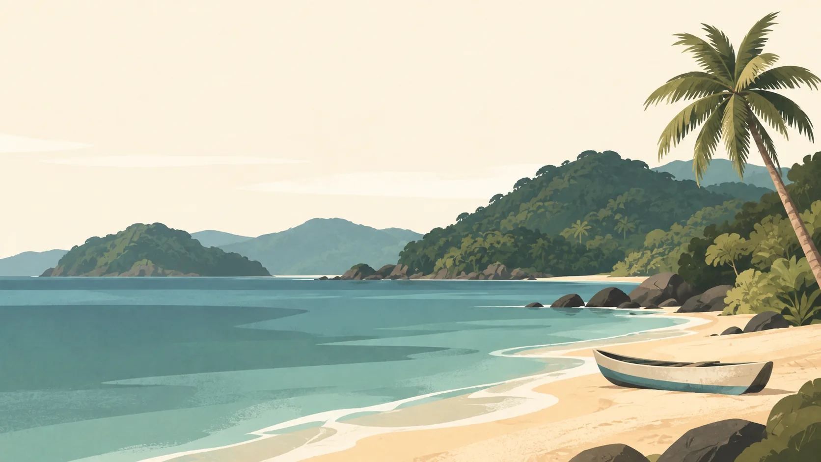 Editorial illustration of Sierra Leone's Banana Islands coast: a small pale fishing canoe beside a warm sandy shore, rounded deep-green rainforest hills and calm slate-teal Atlantic water, a single palm.
