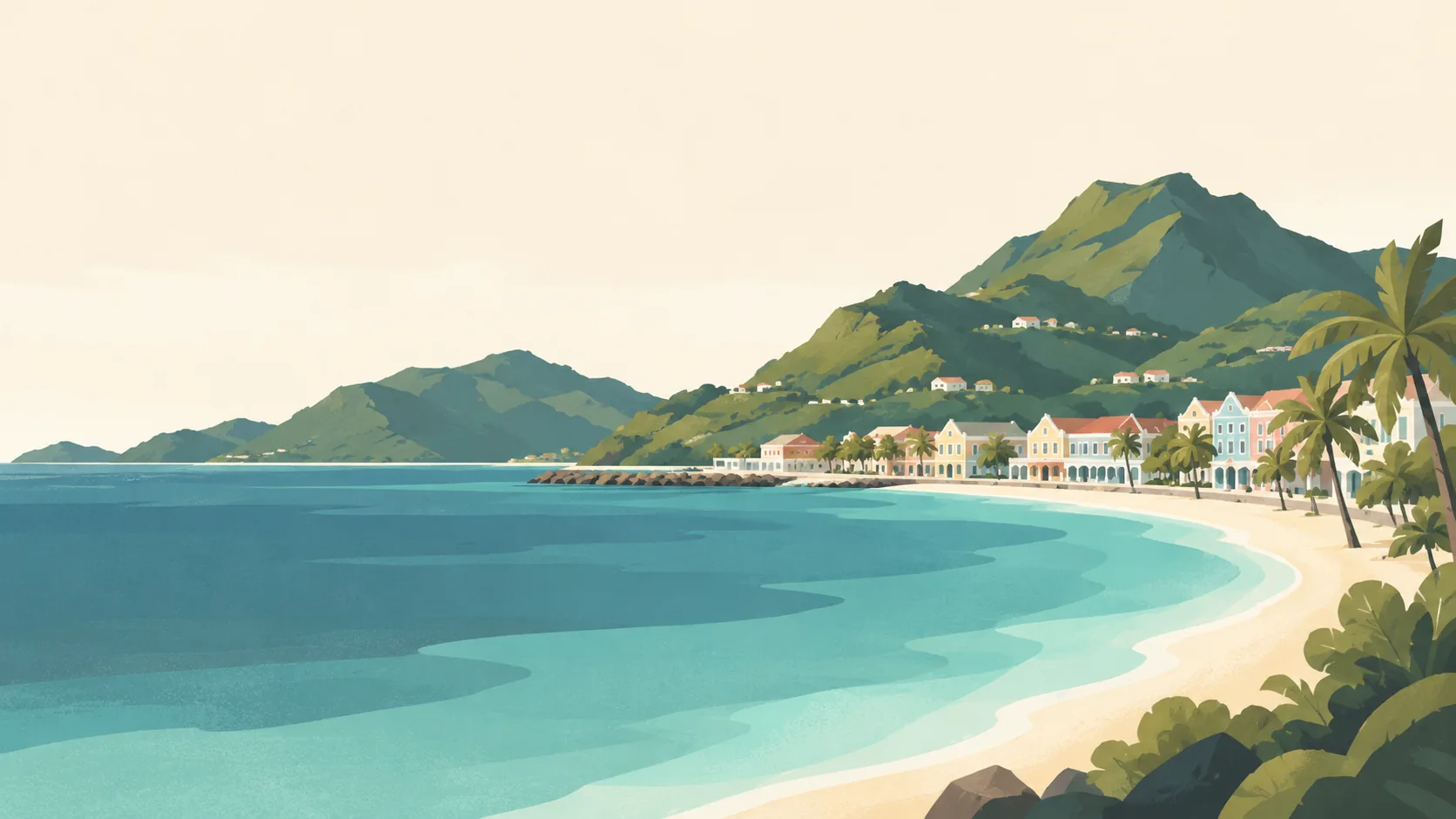 Editorial illustration of Dutch Sint Maarten: Philipsburg's quiet Great Bay waterfront, a few low pastel gabled buildings, a pale beach and muted teal bay with soft green hills.