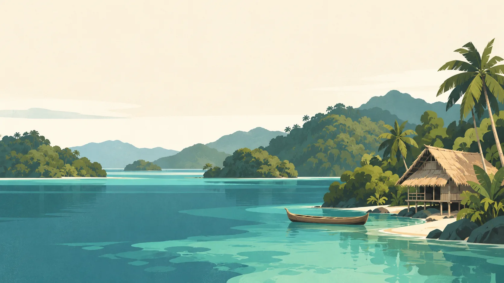Editorial illustration of The Solomon Islands' Marovo Lagoon: one simple thatched canoe-house beside a sheltered deep-teal lagoon, a small unoccupied carved wooden canoe and layered lush low rainforest islands, quiet morning.