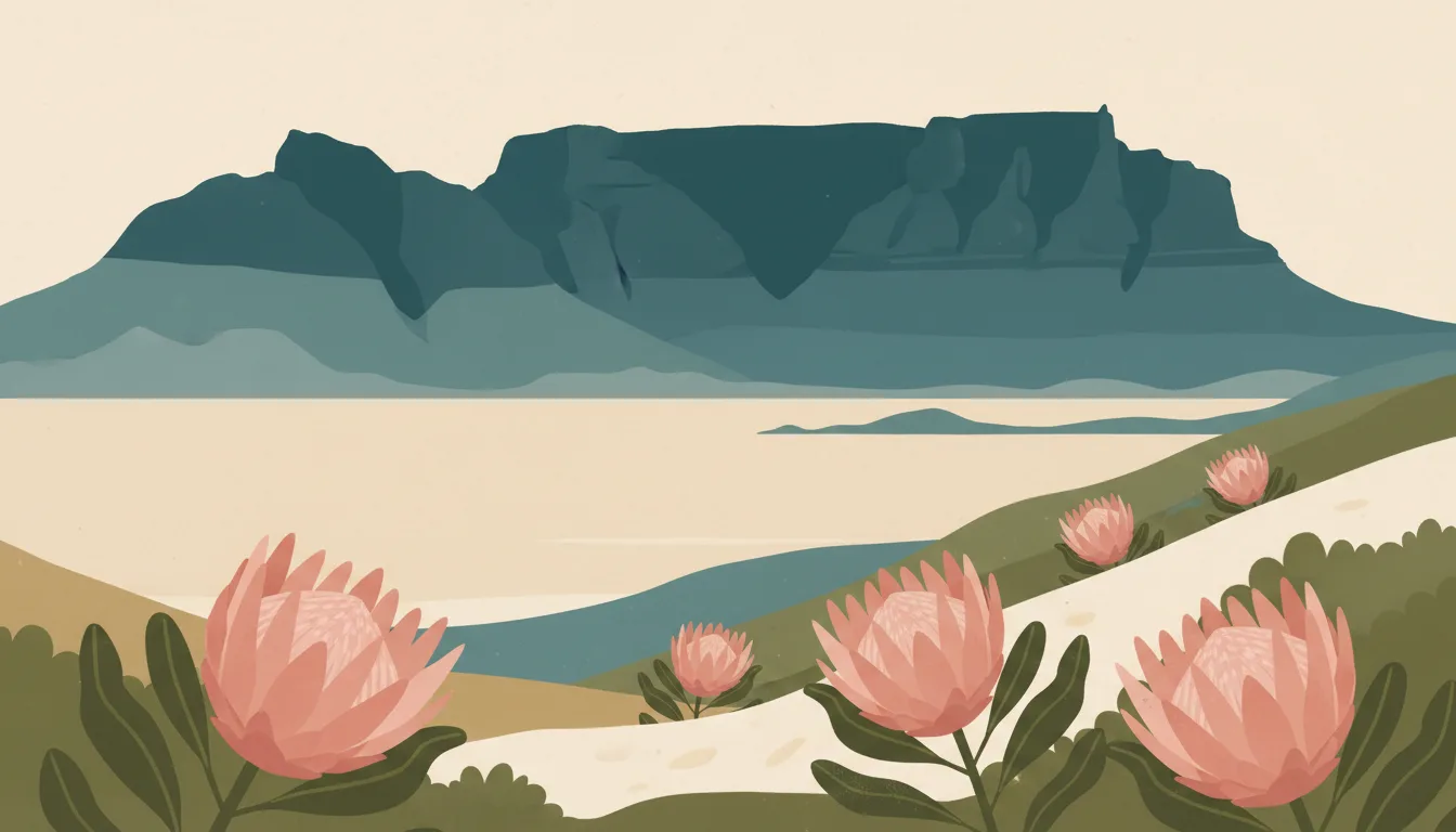 Editorial illustration of Table Mountain above fynbos slopes with king proteas and a calm distant bay.
