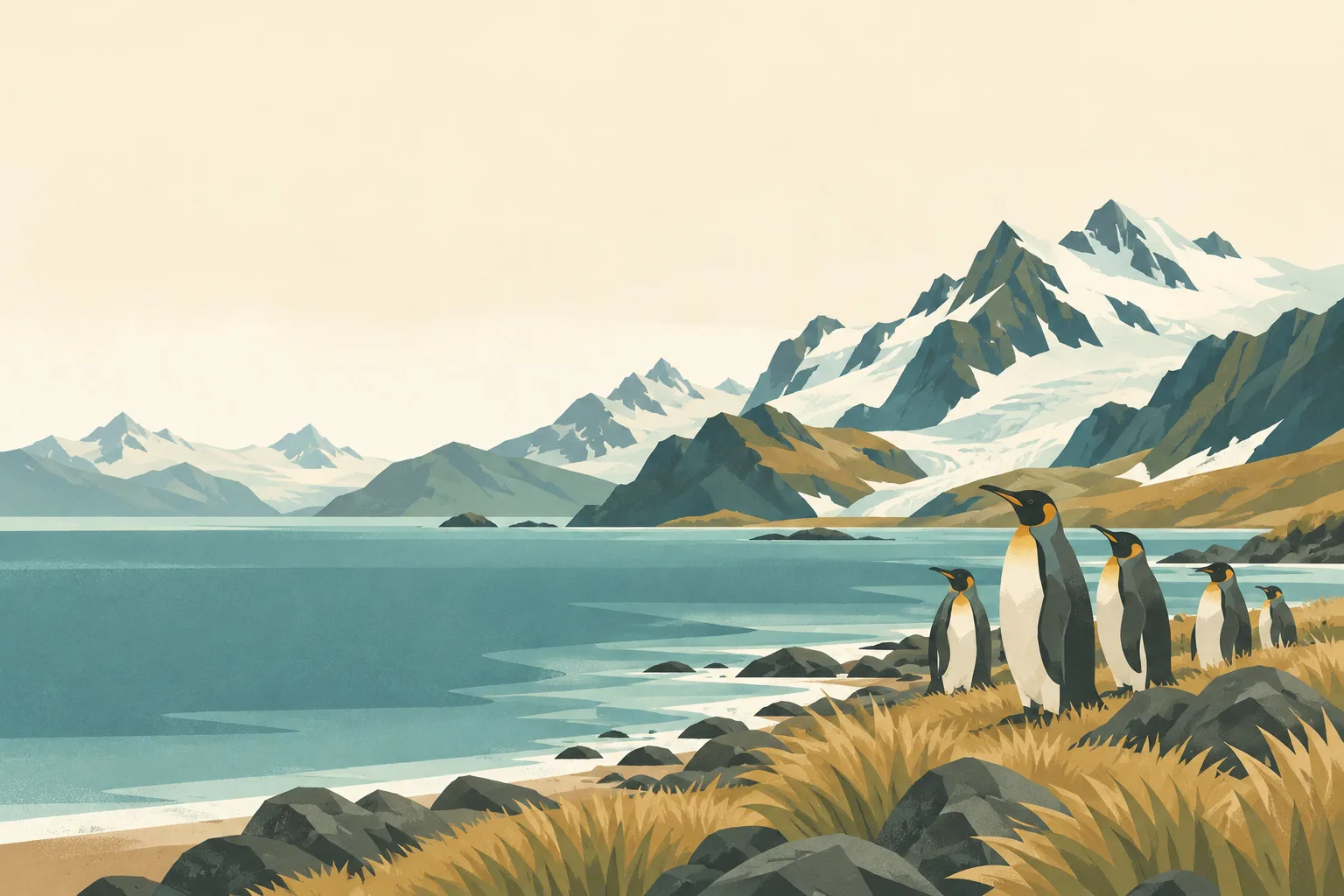 Editorial illustration: South Georgia: a small group of king penguins on a tawny tussock shore, steep snowy mountains and a grey teal bay behind. No tropical plants.