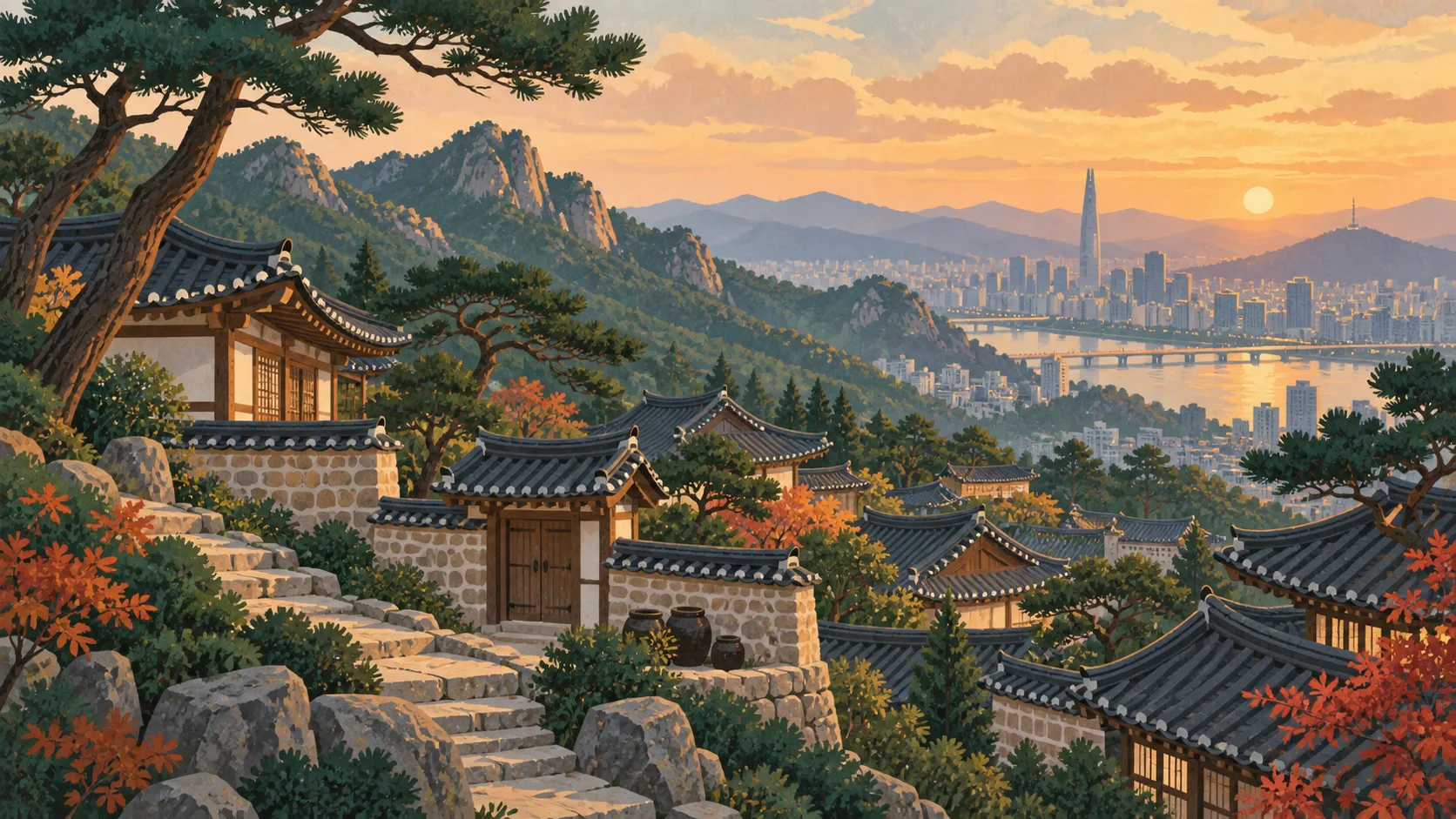 Editorial illustration of a Korean hanok village, mountain ridge, pine trees and a city edge.