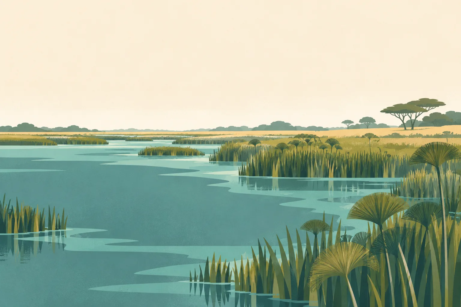 Editorial illustration: A broad Sudd wetland in South Sudan: papyrus reeds, open teal water channels and distant grassland under a quiet cream sky.