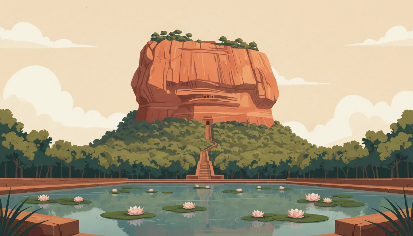 Editorial illustration of Sigiriya rock rising over forest canopy and a still lotus pond.