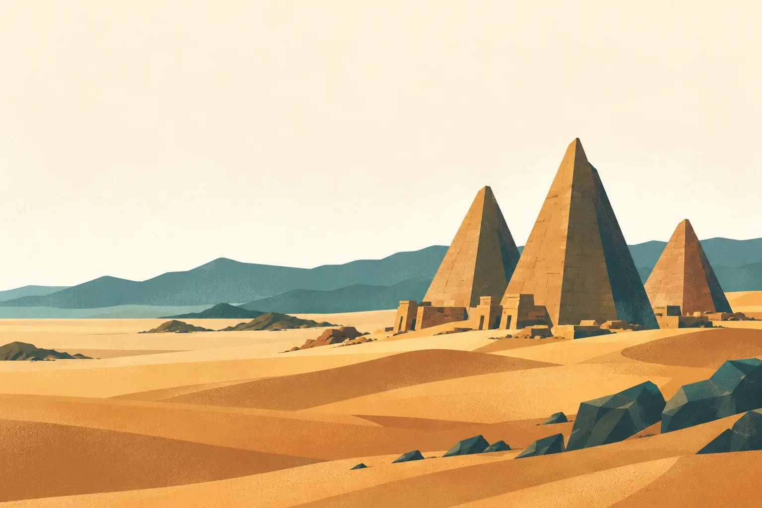 Editorial illustration: Three slender steep-sided Nubian pyramids at Meroe emerging from warm ochre sand, low distant ridge and broad ivory sky.