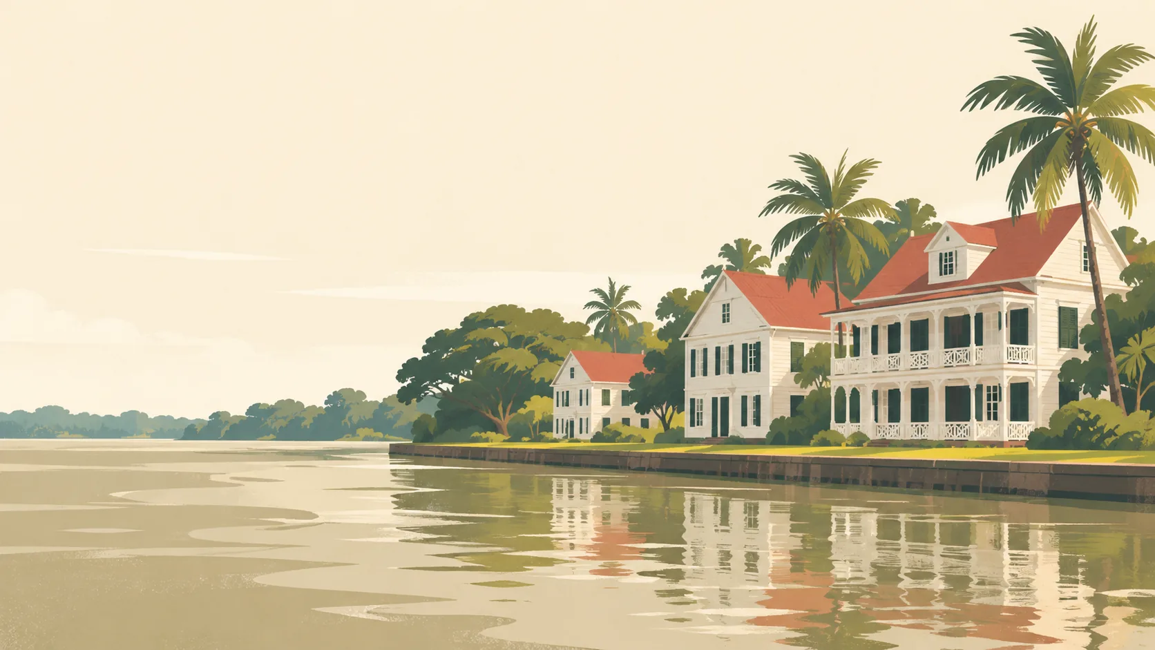 Editorial illustration of Suriname's Paramaribo riverfront: three white-painted timber colonial houses with dark shutters and red roofs, a few palms and a quiet broad brown-green Suriname River, warm ivory sky.