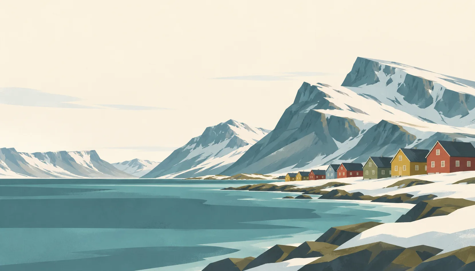 Editorial illustration of Svalbard's Longyearbyen: a small row of colourful timber houses at the foot of broad snow-dusted Arctic mountains, a quiet slate-teal fjord and pale cold sky.