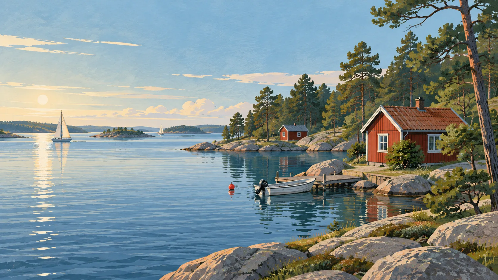 Editorial illustration of a Swedish archipelago, red cabins, pine forest and calm Baltic water.