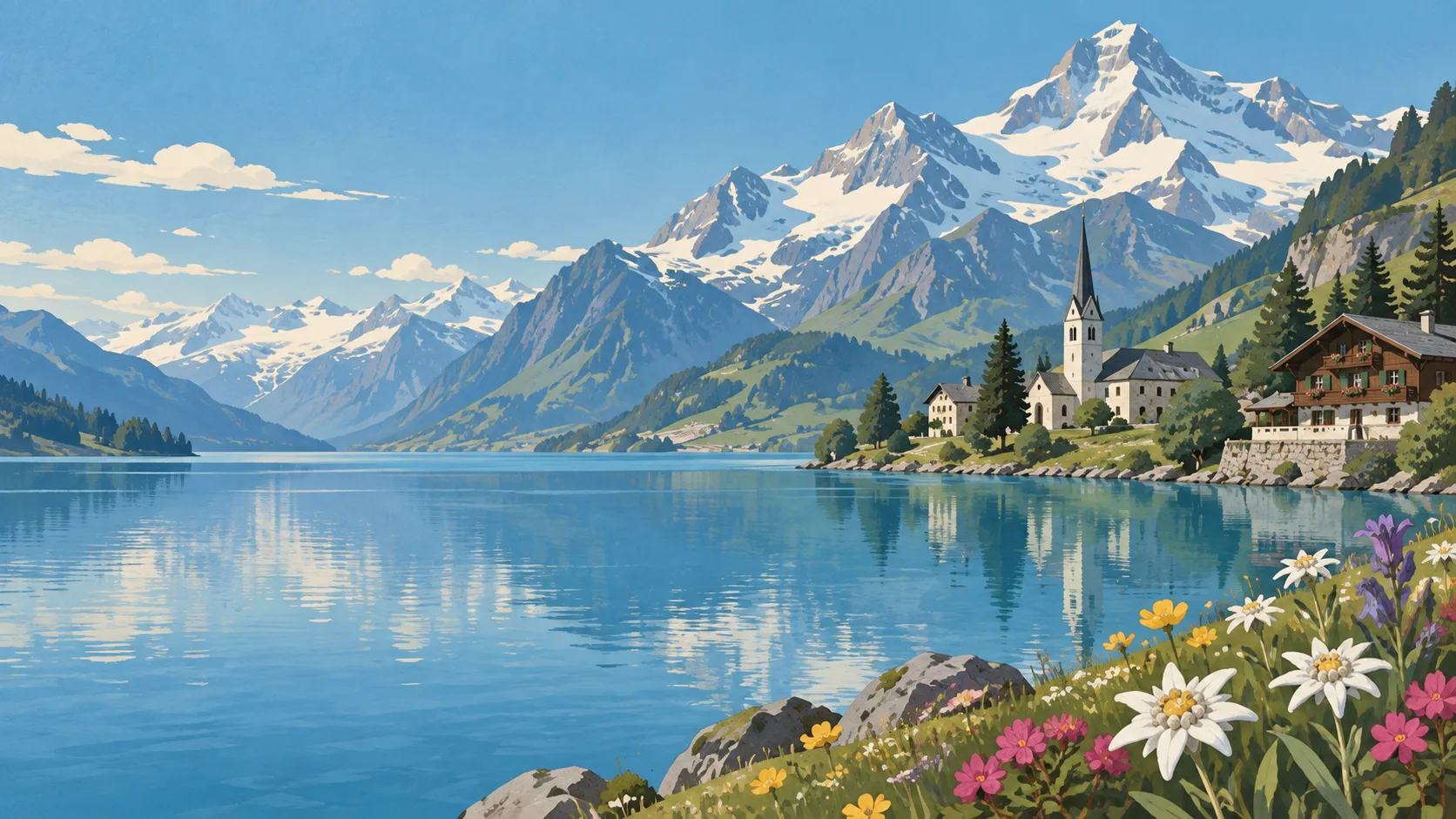 Editorial illustration of Swiss Alps, a clear lake, wildflowers and a village church.