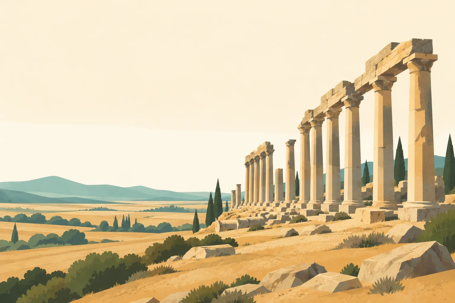 Editorial illustration: The weathered limestone colonnade of ancient Apamea running over a gentle dry Syrian hillside, broad ochre foreground and quiet pale sky.