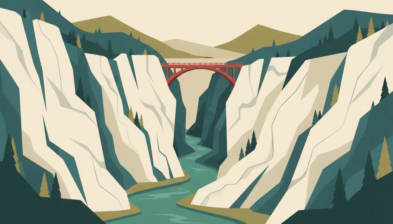 Editorial illustration of Taroko Gorge's marble cliffs, a jade-green river and a red arched bridge.