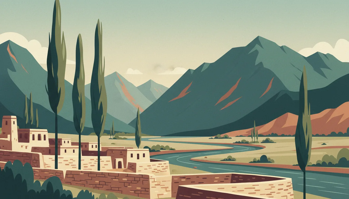 Editorial illustration of wakhan: a stone-walled village and poplars in the Wakhan valley beneath the Hindu Kush across the river.