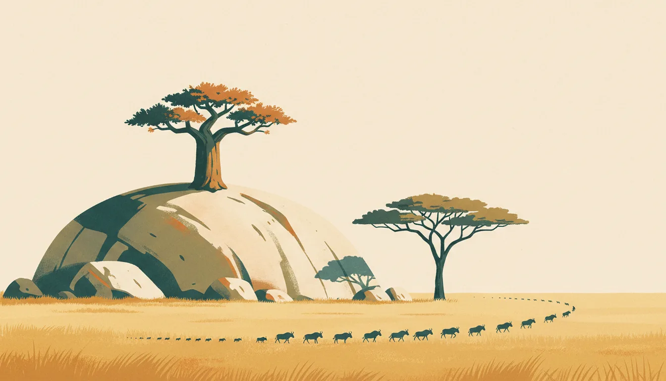 Editorial illustration of a Serengeti kopje, a baobab, an acacia and a thin line of wildebeest crossing golden grass.