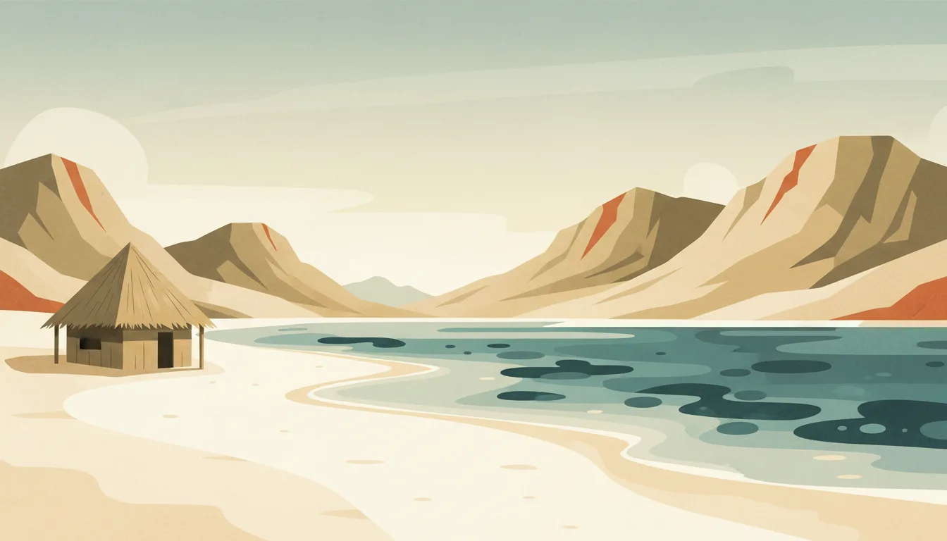 Editorial illustration of atauro: a white beach with a coral lagoon, a thatched hut and steep dry hills behind.