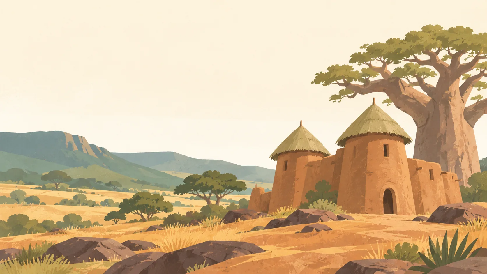 Editorial illustration of Northern Togo's Koutammakou landscape: two earthen Batammariba takienta tower houses with straw-capped turrets, broad ochre ground and a single baobab, distant low savanna ridge.