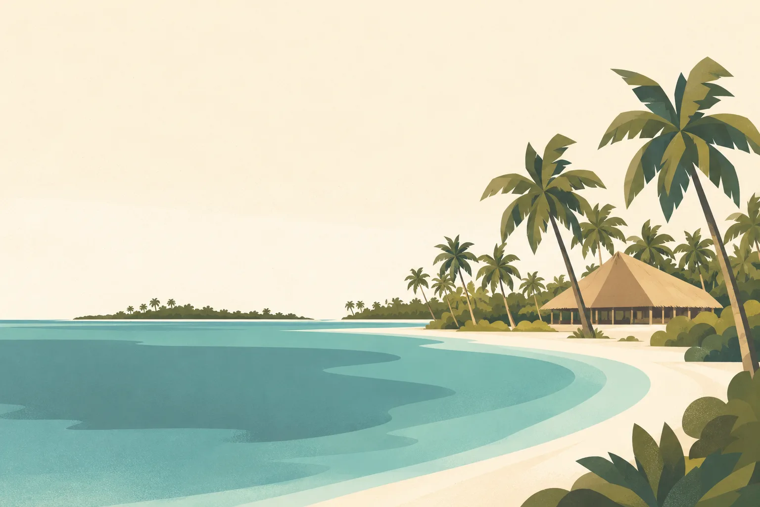 Editorial illustration: A low Tokelauan coral atoll with a small open-sided village meeting house beneath coconut palms, quiet pale sand and a sheltered muted teal lagoon.