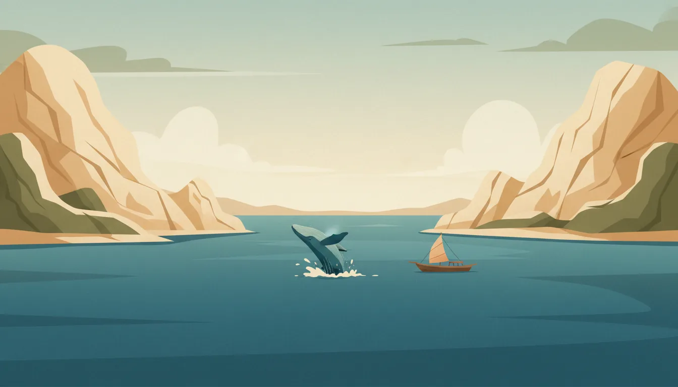 Editorial illustration of vava'u: limestone islands in a calm blue channel with a humpback whale surfacing and a small boat.