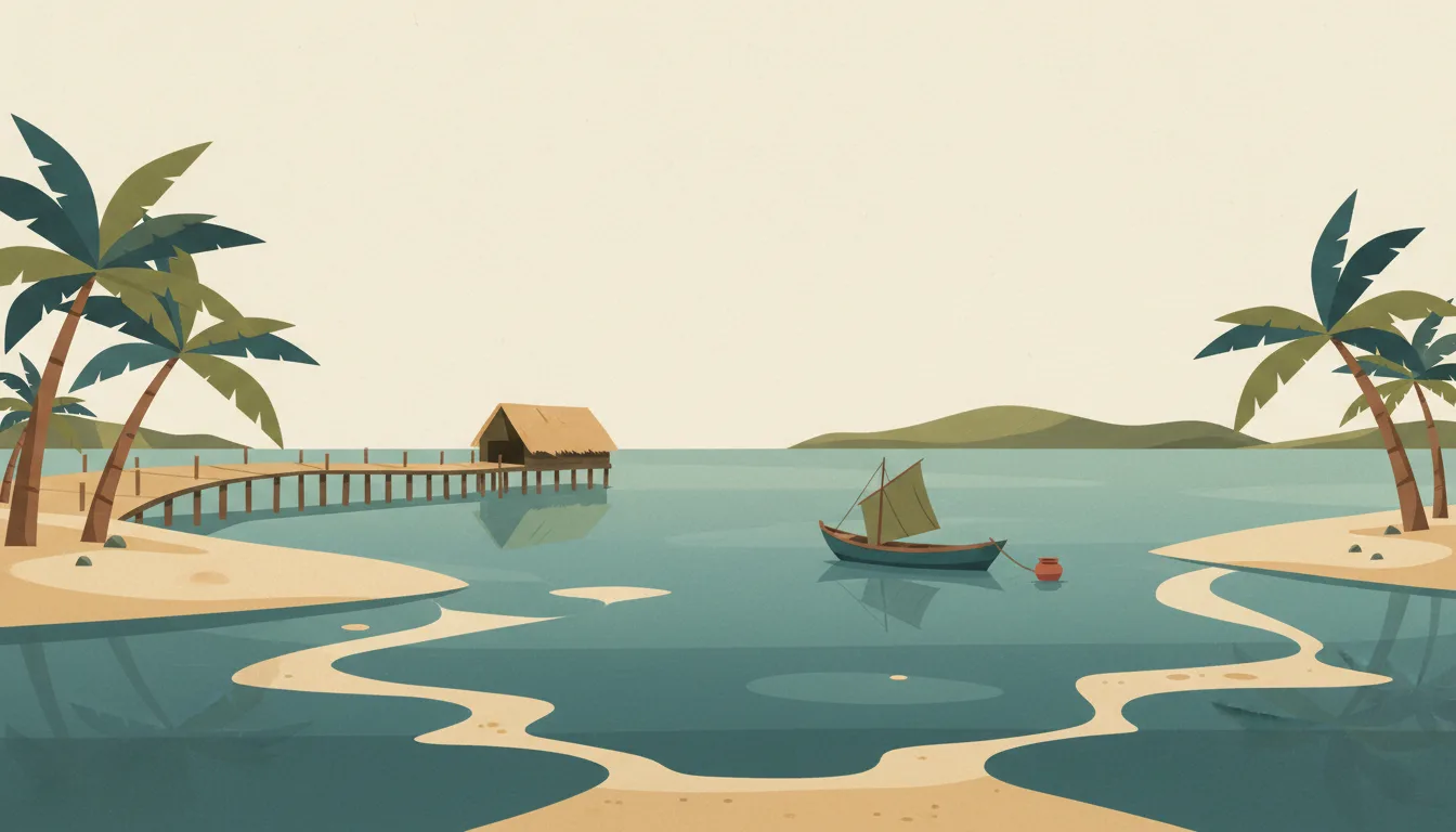 Editorial illustration of tobago: Pigeon Point's thatched jetty over turquoise shallows with palms and a fishing boat.