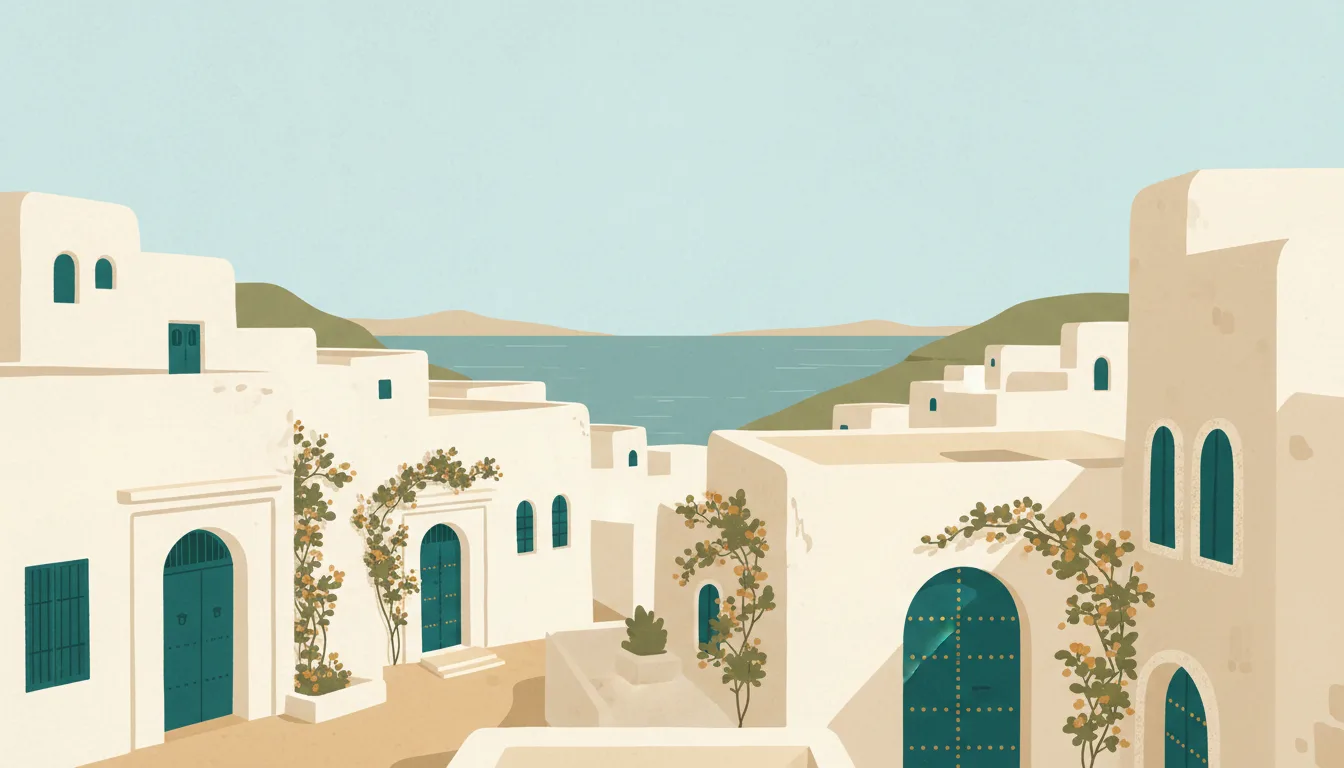 Editorial illustration of white houses with blue doors and bougainvillea at Sidi Bou Said above the Gulf of Tunis.
