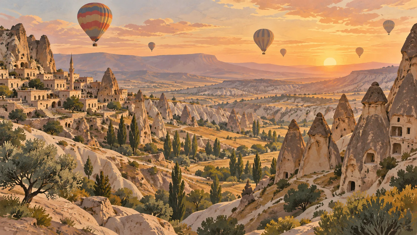 Editorial illustration of Cappadocia valleys, stone villages, hot-air balloons and Anatolian light.