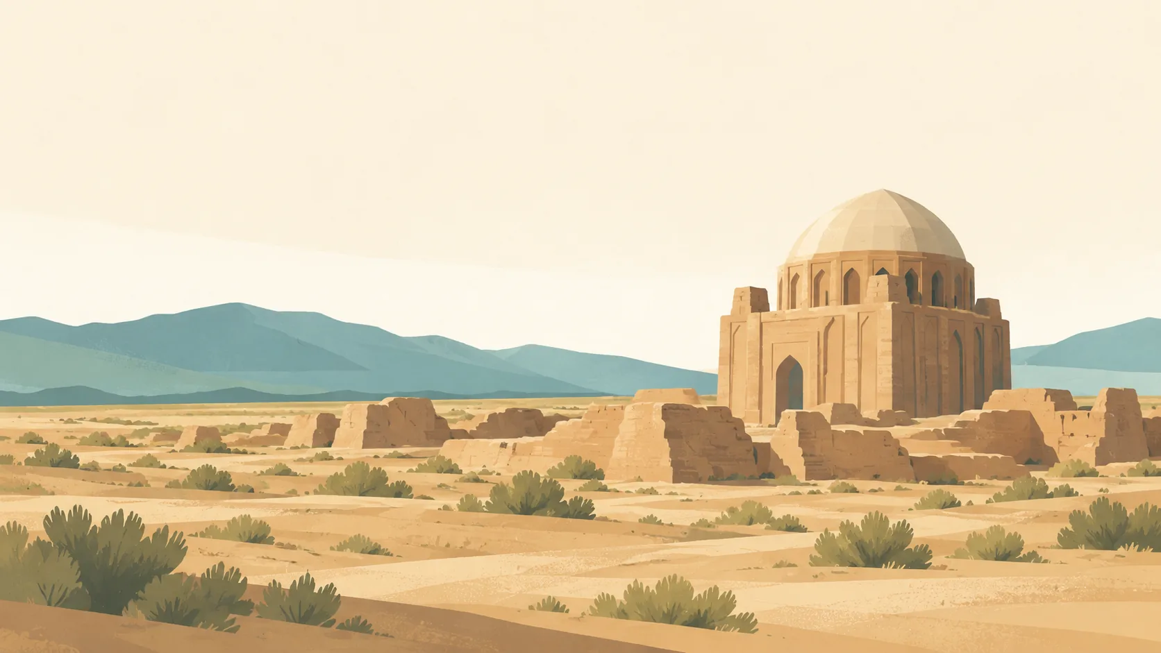 Editorial illustration of Turkmenistan's ancient Merv: Sultan Sanjar's broad brick mausoleum with a pale dome rising over low warm-earth ruins and a quiet dry plain.