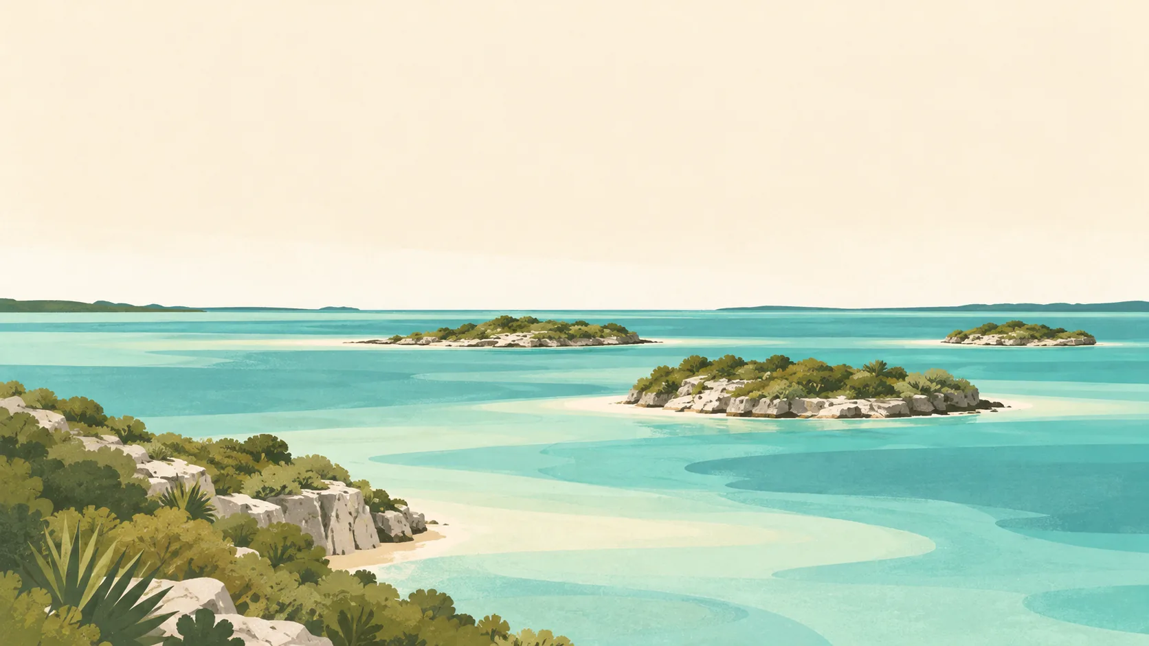 Editorial illustration of Turks and Caicos: Chalk Sound's shallow pale-turquoise water with three small low limestone islets, dry-green vegetation and a broad calm cream sky.
