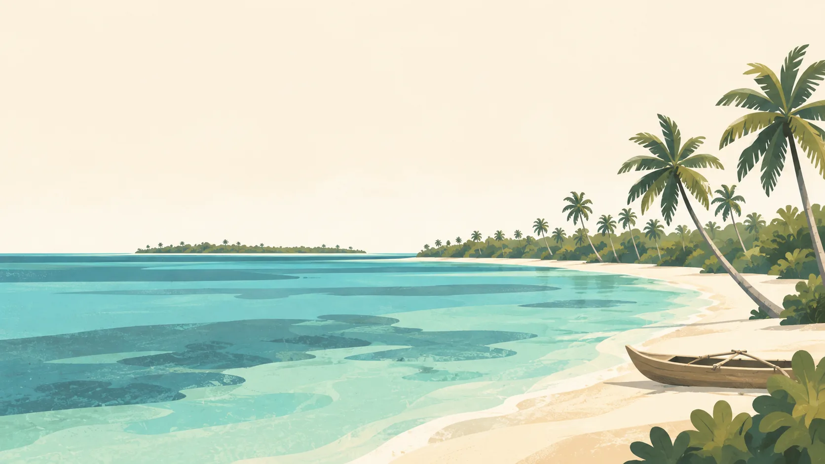 Editorial illustration of Tuvalu's Funafuti atoll: a slender palm-lined coral motu, broad shallow quiet lagoon, one traditional wooden canoe pulled onto pale sand. Flat land and huge calm sky.