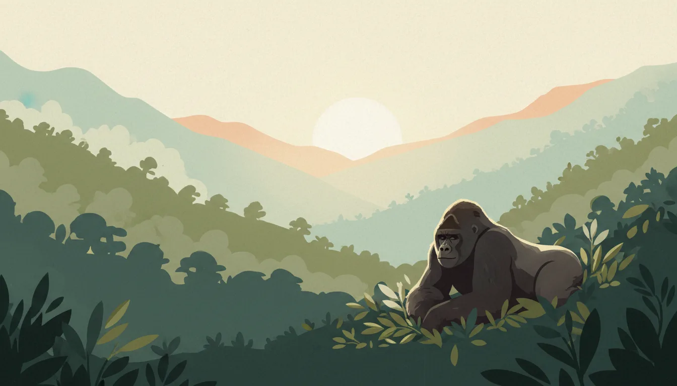Editorial illustration of mist over Bwindi's forested ridge with a mountain gorilla in the foliage.