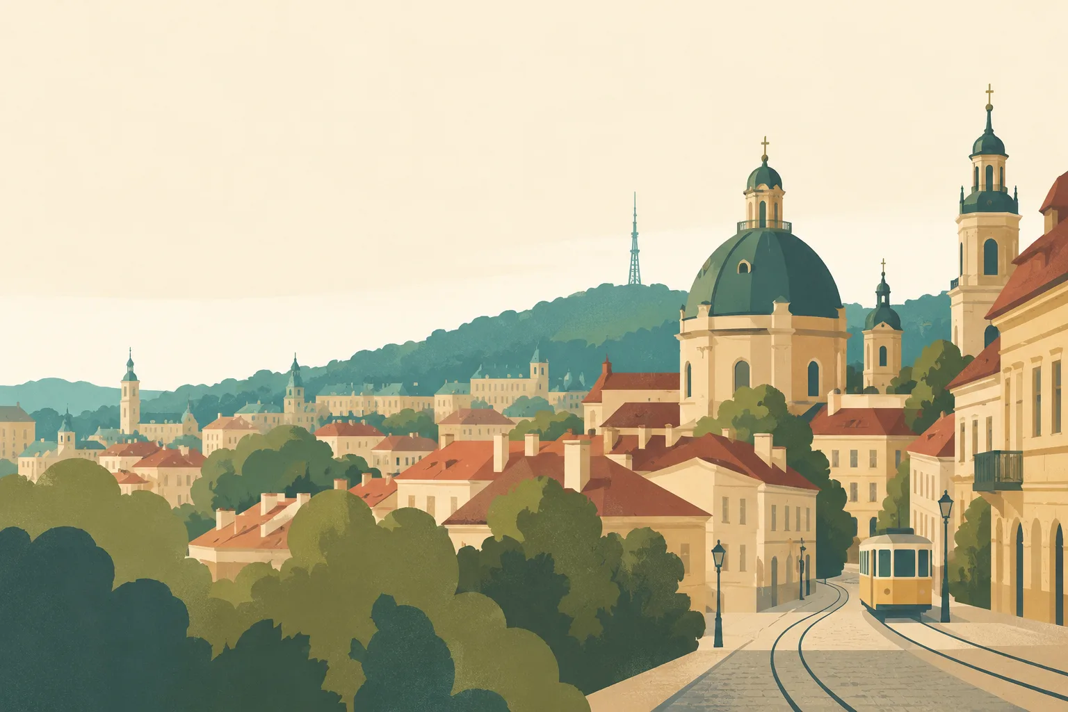 Editorial illustration: The domed historic roofs and warm stone streets of central Lviv, one quiet tramline and a distant green hill, soft ochre and muted teal.