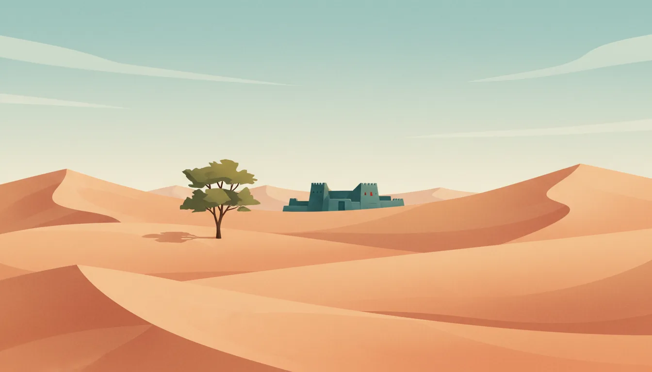 Editorial illustration of Liwa's apricot sand dunes, one ghaf tree and a low mud-brick fort.