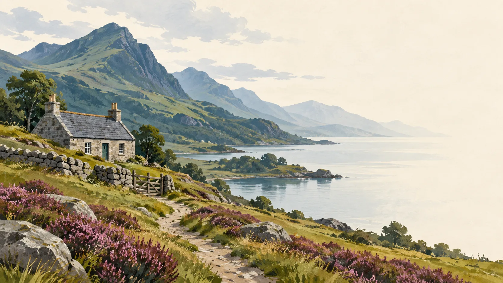 Editorial illustration of a Scottish Highland cottage, loch, heather and mountain path.