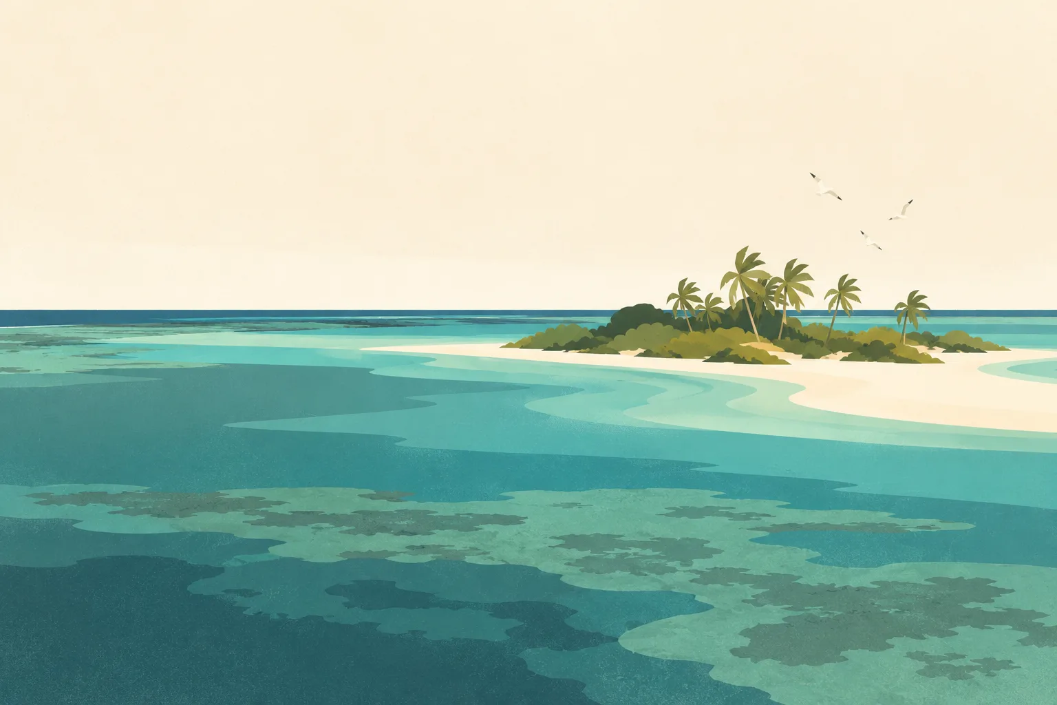 Editorial illustration: A remote central Pacific coral islet with pale sand, low scrub and a few seabirds above a broad muted teal reef lagoon. No resort or village.