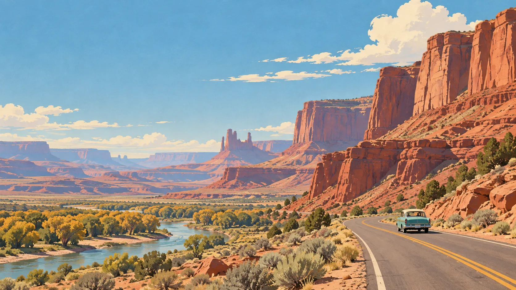 Editorial illustration of an American Southwest canyon, desert road, mesas and cottonwood trees.