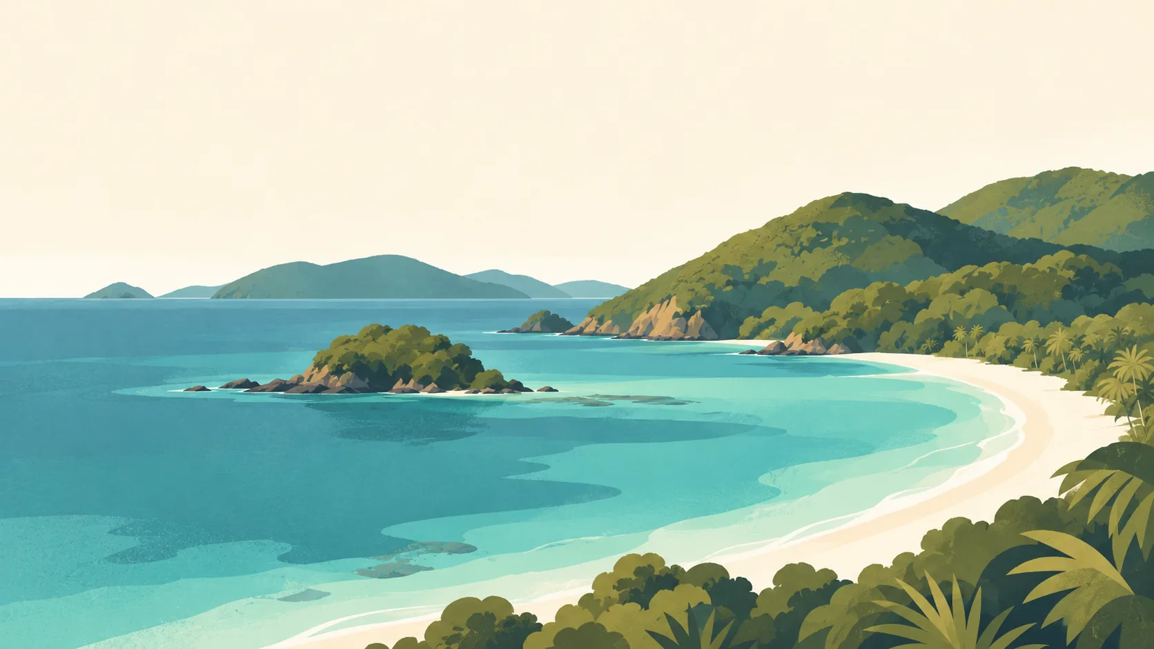 Editorial illustration of The US Virgin Islands' St John: Trunk Bay's broad pale-sand curve, a small green reef islet and lush rounded coastal hills, quiet sea and simple paper-textured foliage.