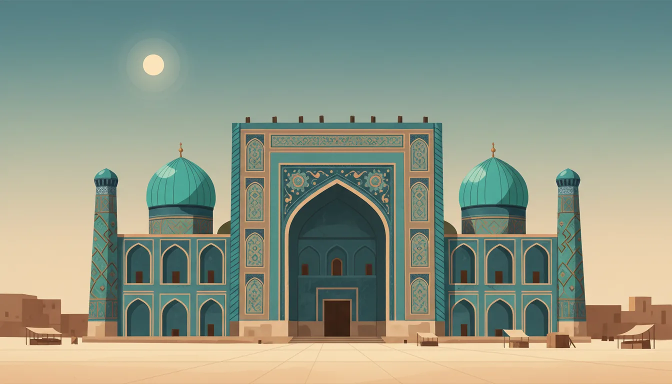 Editorial illustration of turquoise-tiled domes and a madrasa portal on Samarkand's Registan.