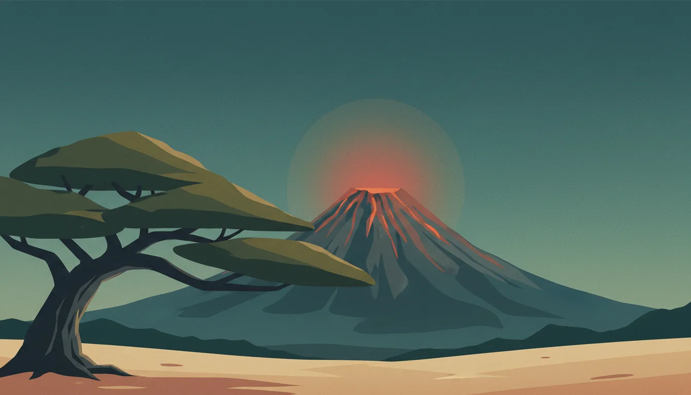 Editorial illustration of tanna: Mount Yasur's ash cone with a red glow at dusk and a banyan tree in the foreground.