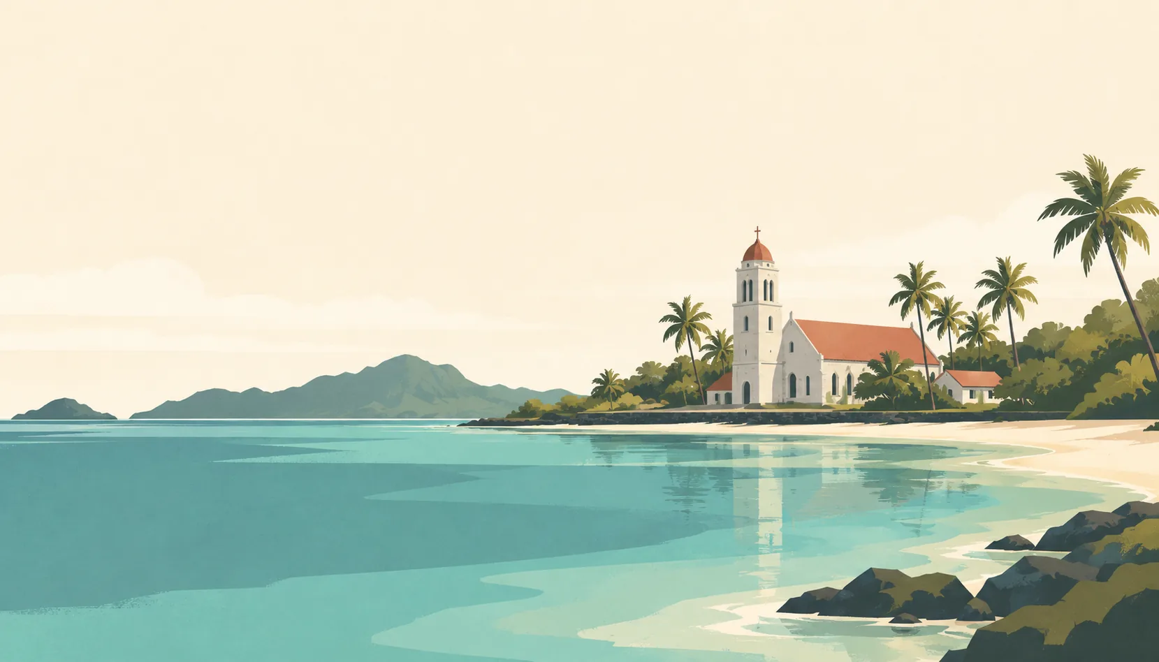Editorial illustration of Wallis and Futuna: Mata-Utu's pale stone cathedral with a simple red roof beside a very low palm-lined Wallis lagoon shore, quiet teal water and cream sky.
